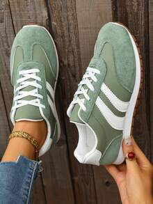 女士多功能运动休闲鞋，平底防滑系带圆头橡胶底休闲运动鞋，绿白撞色设计，适合日常通勤、休闲穿着，尺码齐全（欧码36-43），时尚百搭 - 綠色 - 查看 5
