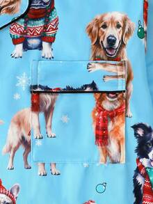 两件套女士长袖睡衣套装，翻领纽扣衬衫搭配松紧腰宽松长裤，适合所有季节，饰有可爱的狗狗派对印花图案，秋冬服装 - 藍色 - 查看 6