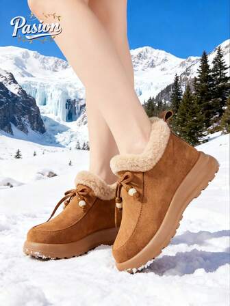 Bekväma damstövlar med fyrkantig tå, halkfria, lätta platta skor, varma och avslappnade, vinter