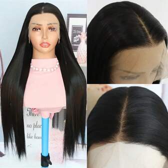 Natürliche schwarze 360 Grad Vollspitzenperücke - lange gerade 180 Dichte hitzebeständige synthetische Haare, vorausgerissene klebstofffreie Spitzenfront-Perücke für Frauen, für Alltag & Party, für alle Ethnien, synthetische Spitzenfront-Perücke, vielseitiges Haarteil, elegantes Haarteil, Schutzfrisur, Schönheitszubehör