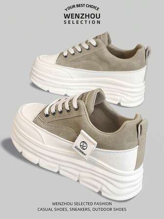 Women's New Chunky Thick Sole Casual Canvas Sneakers, Lace-Up Vulcanized Rubber Sole Platform Casual Shoes, Suitable For Autumn