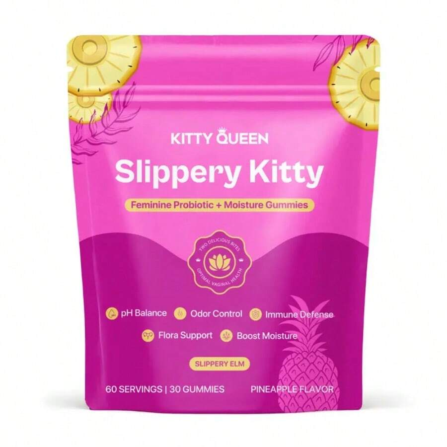 Kitty Queen Slippery Kitty Feminine Probiotic + Moisture Gummies,Supports PH Balance & Digestive Health, Slippery Elm For Women - All In One Solution With Slippery Elm 60 Count Pineapple Flavor - PINEAPPLE - View 1