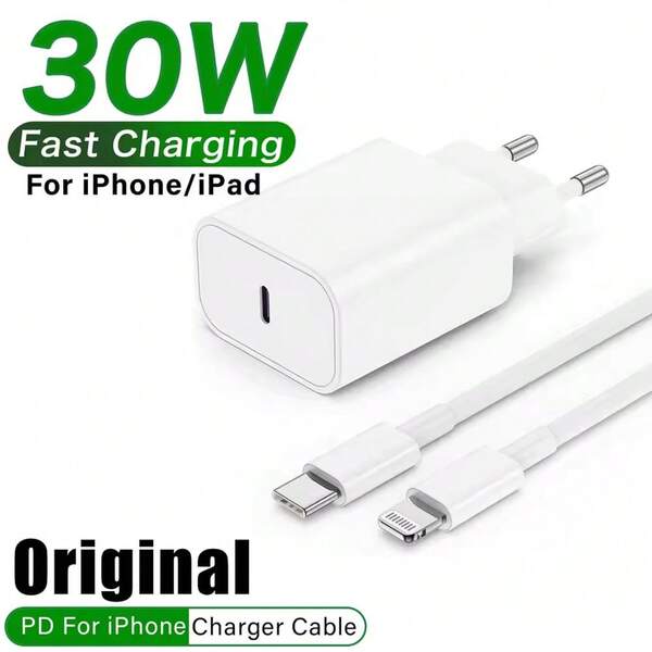 Carregador de Parede USB-C de 30W + Conjunto de Cabo de Carregamento Rápido USB-C para IOS de 3,3 pés/1M, Compatível com iPhone 14 13 12 11 XR Xs Max 8 7 Plus