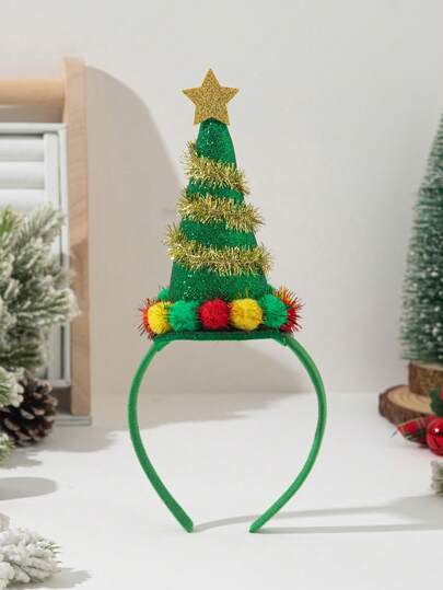 1 pieza Diadema navideña con árbol de Navidad lindo y divertido, adecuada para atuendos festivos, color de pompón aleatorio