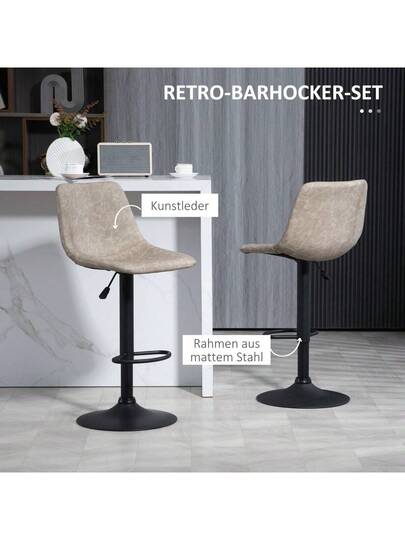 HOMCOM Set Of Bar Stools, Bistro Stool Footrest, Swivel Chair, Height Adjustable Kitchen Faux Leather Cover, Living Room, Dining Beige view 4