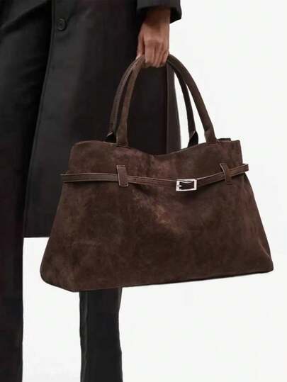 حقيبة يد سويدية كبيرة السعة بطراز عتيق من نوع BUTFLY، ذات لون أحادي، أشرطة كتف ثابتة، إغلاق بإبزيم، بطانة من البوليستر، حقيبة قماشية للتنقل اليومي والمواعيد والسفر