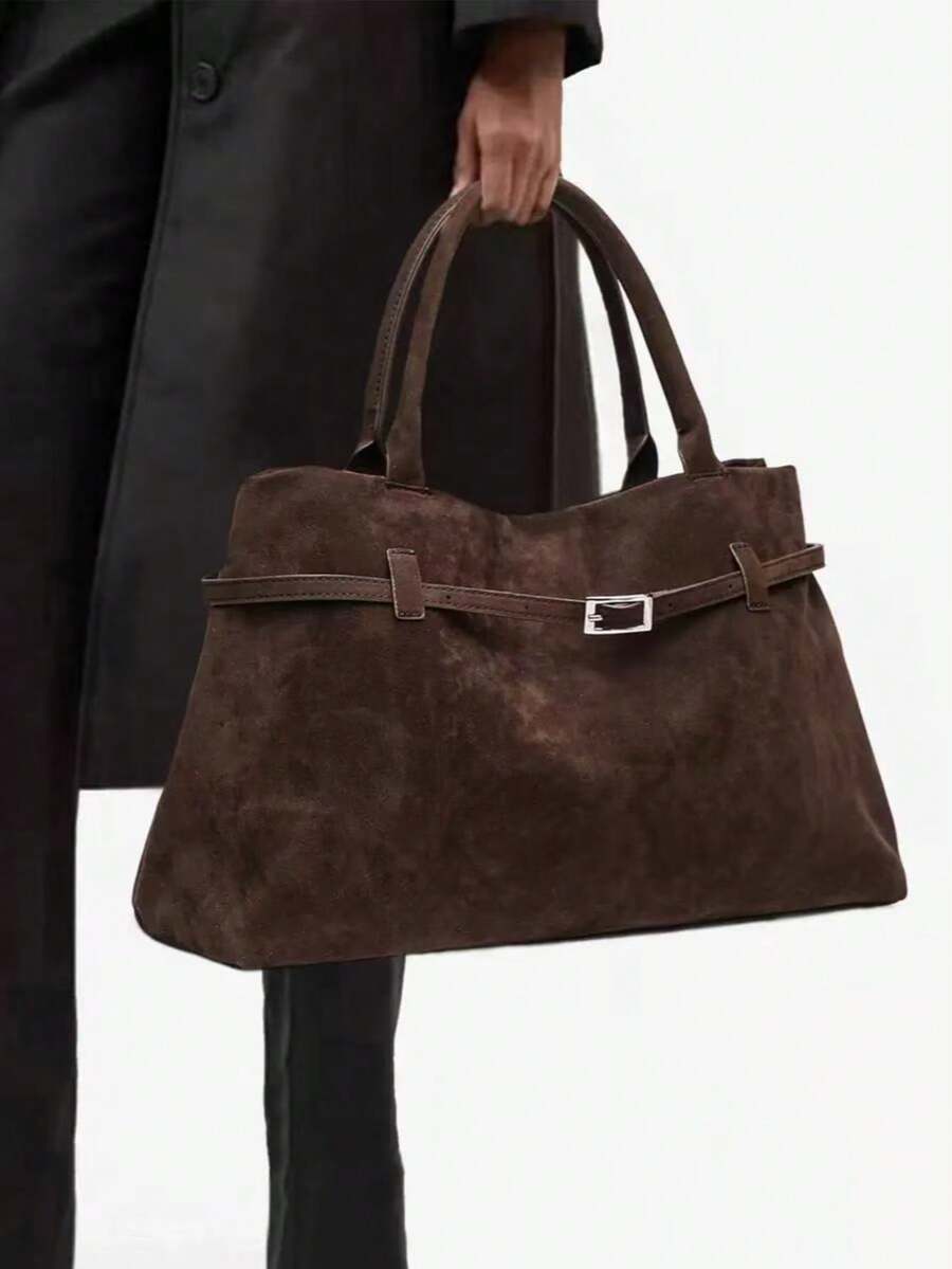 1pc BUTFLY Retro Large Capacity Suede Handbag, Solid Color, Fixed Shoulder Strap, Buckle Closure, Polyester Lining, Suitable For Daily Commute, Dates And Travel - Coffee - View 1