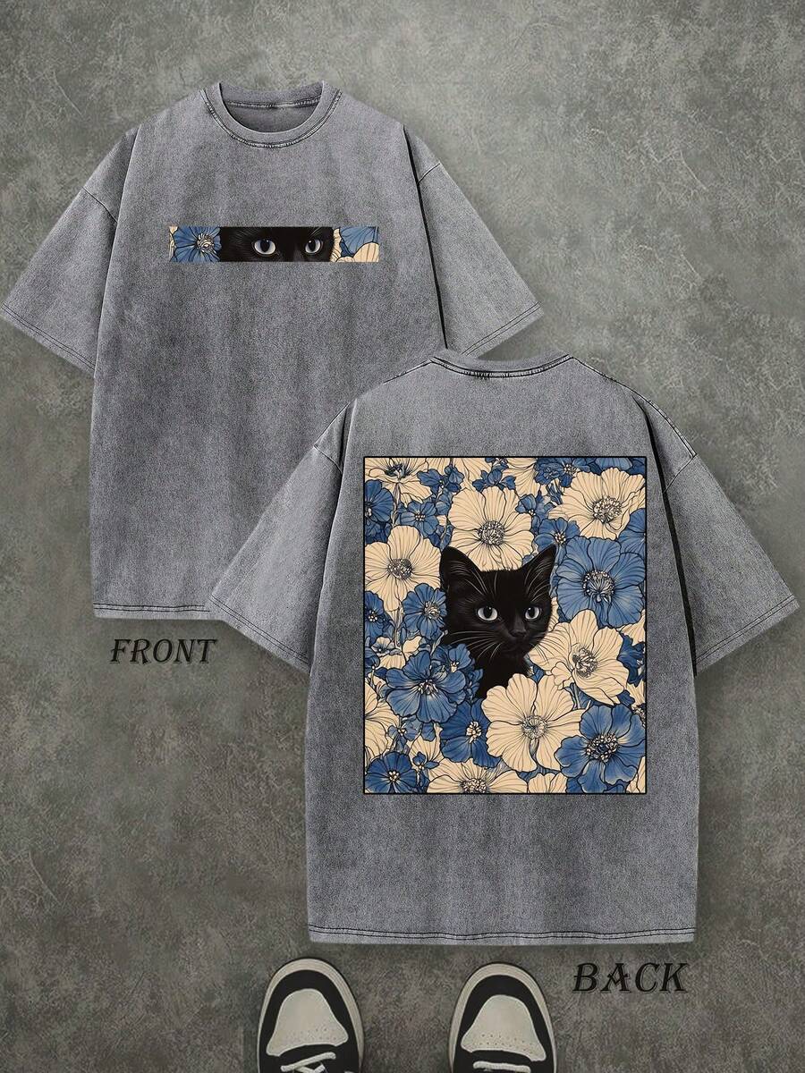 Retro Washed T-Shirt Double Sided Printed (230 Pure Cotton T-Shirt) 'Cat In The Flowers'  Cat And Flowers Pattern Print, Mens TShirt, Mens Shirt Casual, Comfortable, Fashionable T-Shirt, Street Style Cotton - Xám - Xem 1