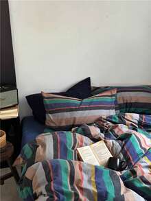 3 件套 100% 纯棉北欧复古条纹床上用品套装，2 个枕套 + 1 个羽绒被套 - 彩色 - 查看 4