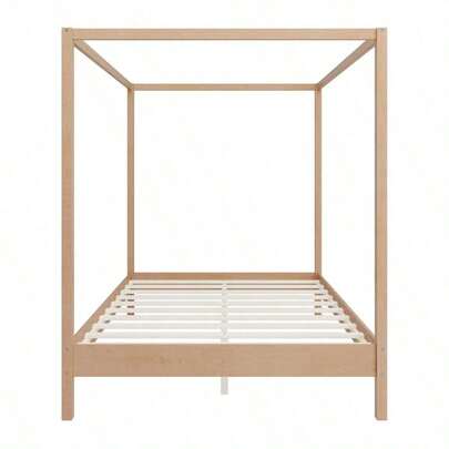 Solid Wood Queen Size Canopy Bed Frame Four Poster Platform Bed With Slats Support No Box Spring Needed Natural