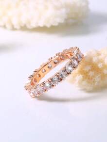 Nooxian 1pc Micro-Inlaid Zirconia Stone Ring, Suitable For Daily Wear - Rose Gold - View 8