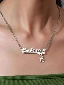 Stainless Steel Personalized Custom Necklace For Women Hollow Stars Pendant Customized Name Multiple Fonts To Choose For Necklaces Valentine's Day, Birthday, Anniversary Star Pattern Pendant Gifts Valentines - Silver - View 3