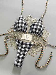 Women's Plaid Halter Tie Sexy Bikini Swimsuit Set, Summer Beach