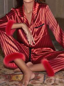 Satin Silk Pajama Set For Women Fall 2 Piece Striped Lounge Set Fuzzy Trim Long Sleeve Button Up T Shirt With Drawstring Elastic Waist Wide Leg Pants Matching Sleepwear Loungewear Set - 紅色 - 查看 4