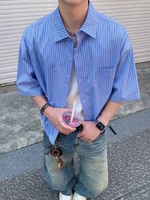 Men's Striped Short Sleeve Single-Breasted Casual Loose Fit Shirt - Blue and White - View 1