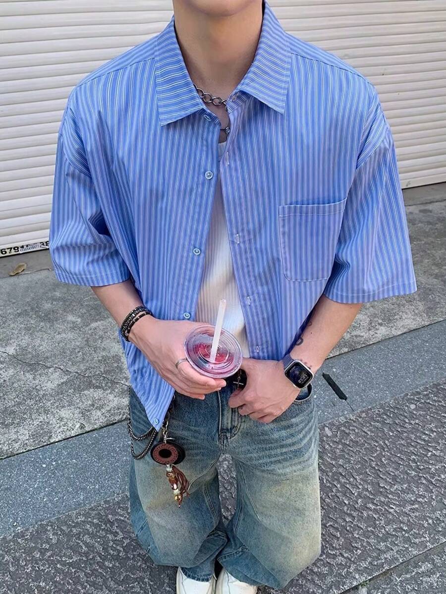 Men's Striped Short Sleeve Single-Breasted Casual Loose Fit Shirt - Blue and White - View 1