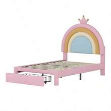 Twin Size Upholstered Rainbow Design Bed Velvet Princess Platform Bed With Storage Drawer No Box-Spring Needed ColorfulandPink