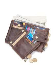 Men's Bifold Wallet, Genuine Leather Wallet, RFID Blocking Card Holder, Chain Simple Wallet, Zipper Coin Purse, With ID Window, Gift For Men - Brown - View 6