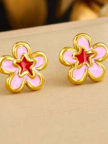 1 Conjunto Lindo Conjunto de Joias com Colar, Pulseira e Brincos de Flor em Aço Inoxidável