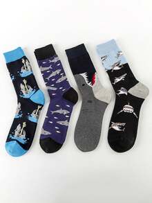 4 Paar bunte Hai-Design Socken, modische lässige Paar-Socken, europäischer und amerikanischer Straßen-Stil Knöchelsocken