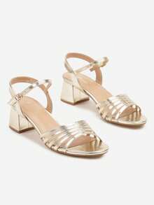 优雅绑带粗跟凉鞋 - 女士夏季休闲、晚宴/派对凉鞋 - 金色 - 查看 5