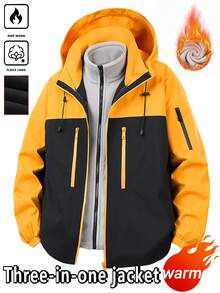 New Men's Casual Versatile Detachable Lining Hooded Thermal Lined Thick Windbreaker Jacket, Multi-Pocket Two Pieces Outdoor 3-In-1 Windproof Jacket - Orange - View 1