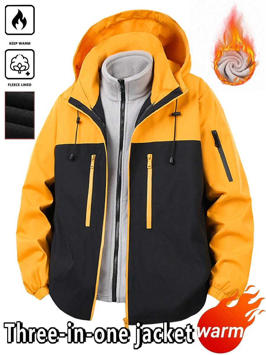 New Men's Casual Versatile Detachable Lining Hooded Thermal Lined Thick Windbreaker Jacket, Multi-Pocket Two Pieces Outdoor 3-In-1 Windproof Jacket - Orange - View 1