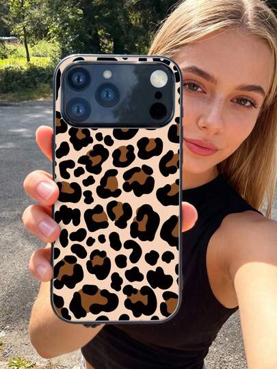 1pc Leopard Print Pattern Tempered Glass Full Coverage Soft Phone Case Compatible With IPhone 11/12/13/14/15/16/17 Pro Max