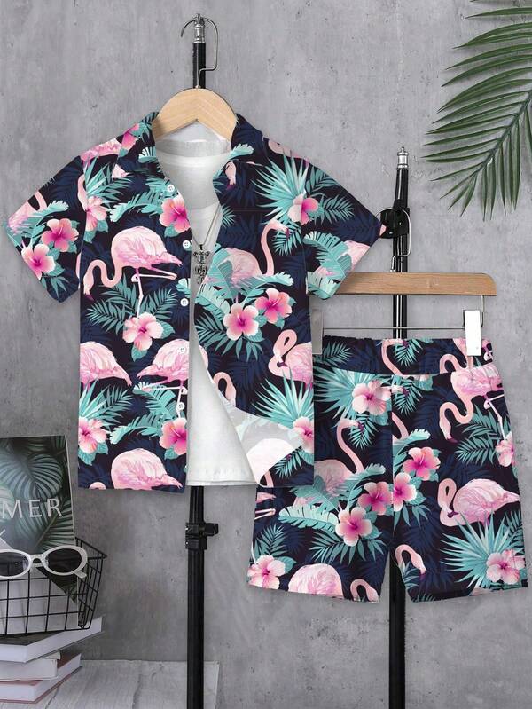 Tween Boy Summer Loose Short Sleeve Casual Hawaiian Beach Shirt And Shorts Set