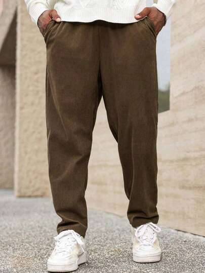 Men's Solid Color Corduroy Straight Leg Pants, Elastic Waistband, Waist Drawstring Design, Versatile Sportswear Suitable For Students And Boys.