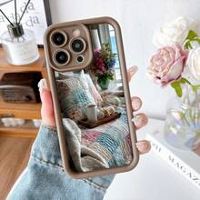 Funda de teléfono con diseño de acolchado colorido y taza de café para iPhone 14 Pro Max en gris oscuro ideal para uso diario en casa o oficina - Café integral - Ver 2