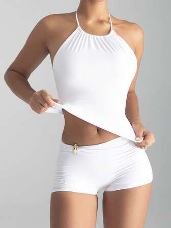 XLLAIS Women's All-Season Sexy Strapless Basic Solid Elastic Slim-Fit Knot Halter White Top – Christmas & Date Ready