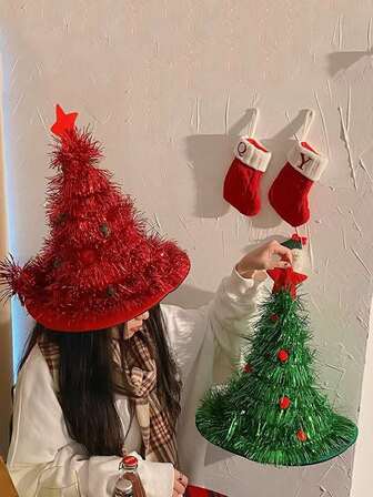 1pc Christmas Tree Hat, Non-Woven Fabric Christmas Hat For Christmas Decoration And Party Costume