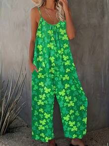 St. Patrick's Day Festive Green Clover Print Wide-Leg Jumpsuit With Pockets - Casual Sleeveless Polyester Romper, Machine Washable, For Women - 混合顏色 - 查看 4