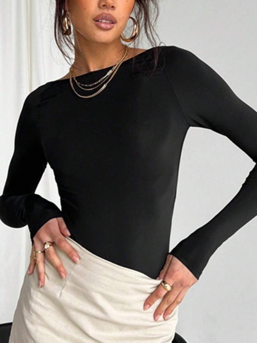 ملابس علوية طبقة أساسية طويل الأكمام ذو رقبة دائرية مناسب للربيع 2025 - أنيق ومتعدد الاستخدامات - الأسود - مشاهدة 1