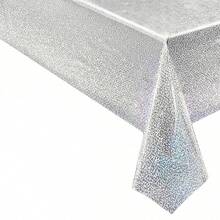 1/3 قطعة من أغطية الطاولة الهولوغرافية الفضية اللامعة بتأثير الليزر والألوان المتغيرة 137*243 سم، أغطية طاولة بلاستيكية بيضاء لديكور حفلات عيد الميلاد والزفاف والكريسماس وحفلات التخرج
