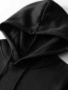 Men's Casual Fashionable Versatile Daily Commute Simple Printed Kangaroo Pocket Drawstring Hoodie, Autumn/Winter - Black - View 3
