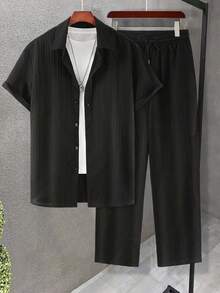Men's Casual Summer Set, Striped Short-Sleeve Button-Down Shirt & Elastic Waist Pants - Negro profundo - Ver 2