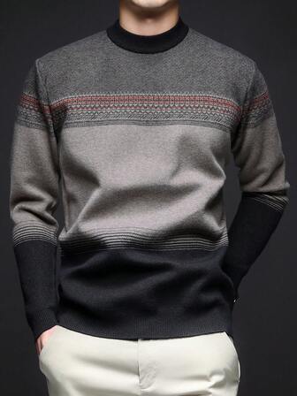 Olive Green Men's Casual Striped Crew Neck Thick Knit Sweater, Winter