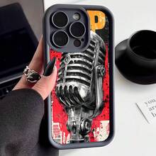 Cubierta de teléfono con diseño de micrófono vintage rojo y negro para iPhone 14 Pro Max estilo rock and roll ideal para músicos y amantes de la música - Café integral - Ver 3