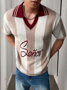 Suéter de cuello polo de color block casual y térmico de manga corta, esencial para otoño/invierno, opción de regalo perfecto para suéter de hombre en invierno, suéter de manga corta juvenil y urbano