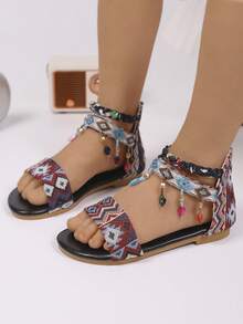 1 Pair Bohemian Embroidered Beaded Strap Travel Roman Sandals - Black - View 2