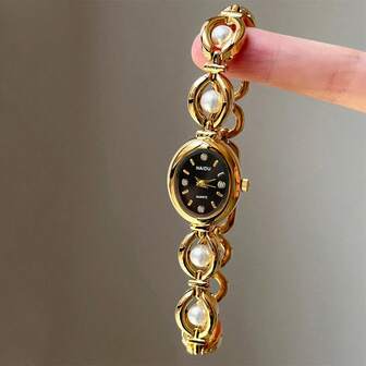 1PC Small Vintage Luxury Women Bracelet Watch Pearl Fashion Elegant Waterproof Stainless Steel Quartz Watches Suitable For Daily Decoration Birthday Gift