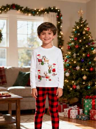 圣诞儿童修身长袖长裤套装，卡通树懒印花图案，时尚派对及睡衣，秋冬款