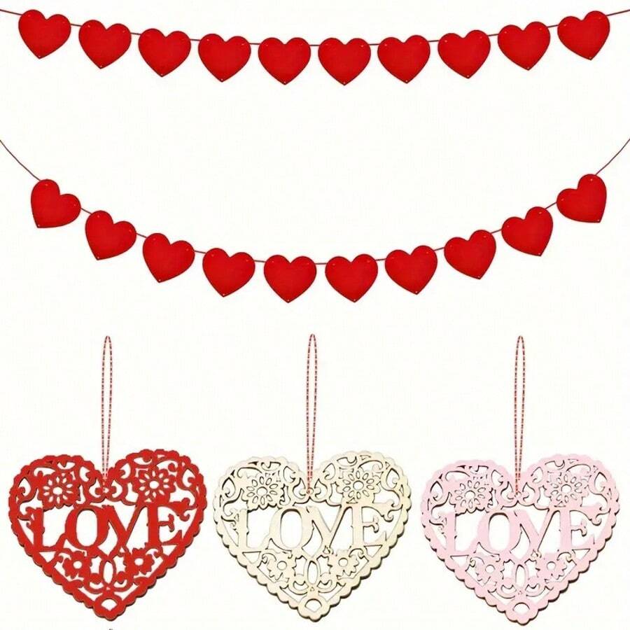 10 pezzi Decorazioni pendenti a forma di cuore in legno classico - Per soggiorno, camera da letto, scale, vari stili, facili da appendere (stile casuale) - Multicolore - Visualizzare 1