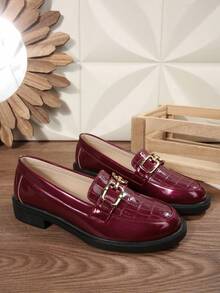 Women's Thick Sole Black Loafers, Comfortable Work Shoes, Soft Bottom, British Style, Suitable For Spring, Autumn, Summer - Burgundy Buckle - View 6