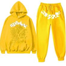 Y2K Sp 5der 55555 Letter Jogger Pants Spider Web Print Couple Sweatshirt Men And Women Hoodie Sweatshirt Set - Y黃色黃網白sp5der - 查看 12