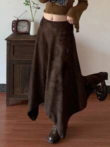 休闲优雅不对称/不对称仿麂皮裙，秋冬 - 咖啡棕 - 查看 1