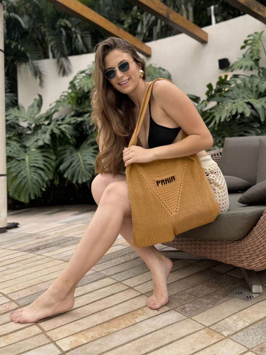 EXPOSICAO PAULISTA Women's Knitted Beach Bag With Shoulder Strap - Summer Vacation Style - 駝色 - 查看 1