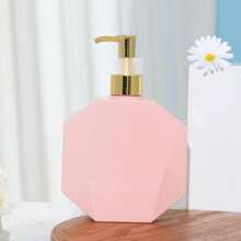 1pc 300ml Polygonal Pink Bottle With Gold Pump Dispenser, Refillable Bottle For Shower Gel Back To School